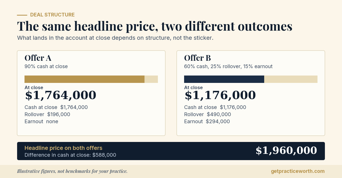 Chart comparing two dental practice offers with the same $1,960,000 headline price. Offer A pays 90 percent cash at close, or $1,764,000. Offer B pays 60 percent cash, 25 percent rollover equity and 15 percent earnout, or $1,176,000 at close. The difference in cash at close is $588,000. Illustrative figures.
